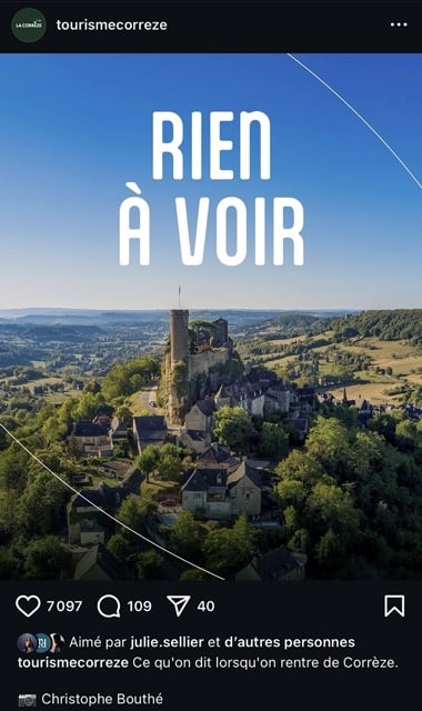 Capture d'écran de la publication Instagram hook Correze tourisme